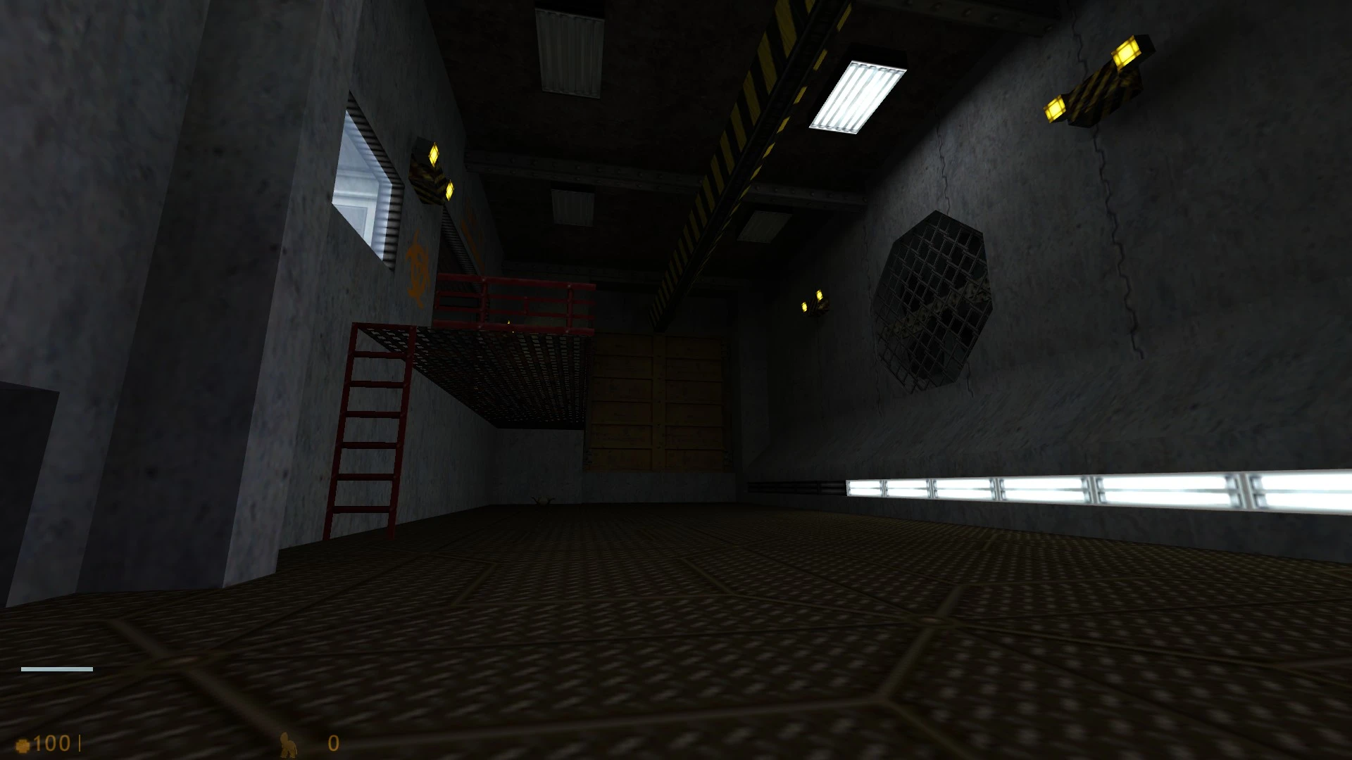 Dimly lit industrial room with metal walls, grated platform, and lighting in Half-Life mod Cat Life GS