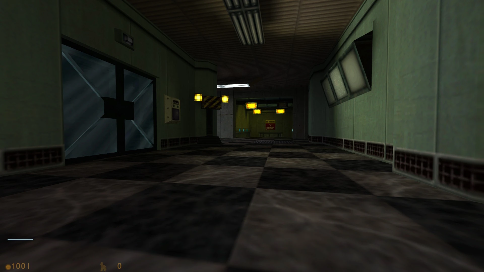 Dark corridor with checkerboard floor and dim lighting inside Half-Life mod Cat Life GS