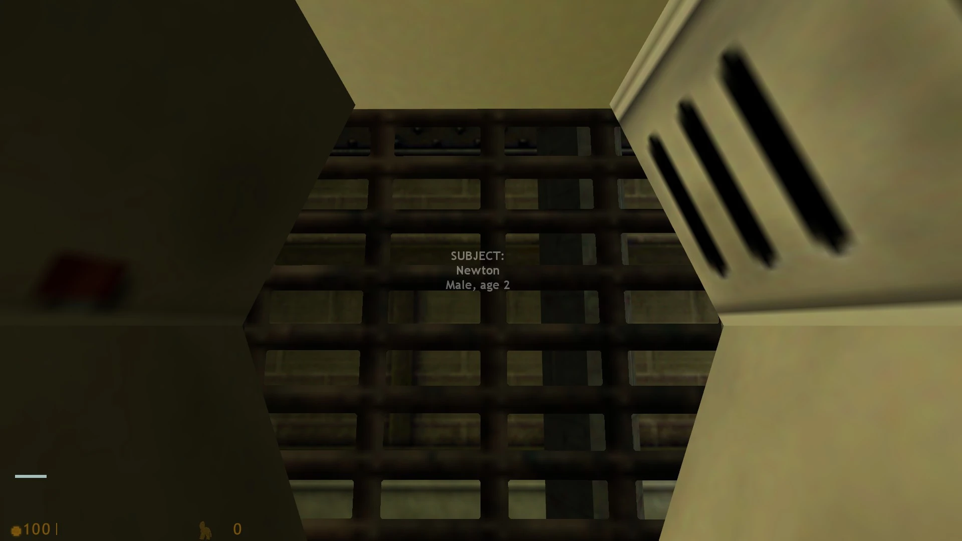 First-person view in Half-Life mod Cat Life GS showing a barred cage with the subject Newton male cat age 2