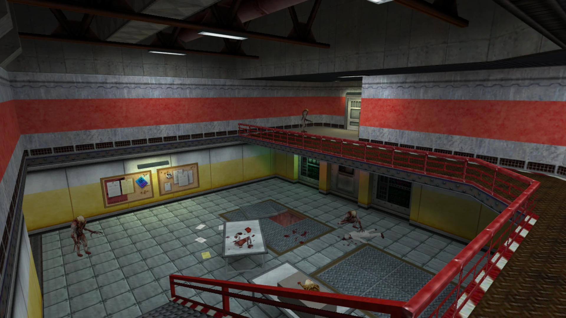 Vista interior de un laboratorio industrial con barandillas rojas y criaturas zombis hostiles en el mod Half-Life Catharsis