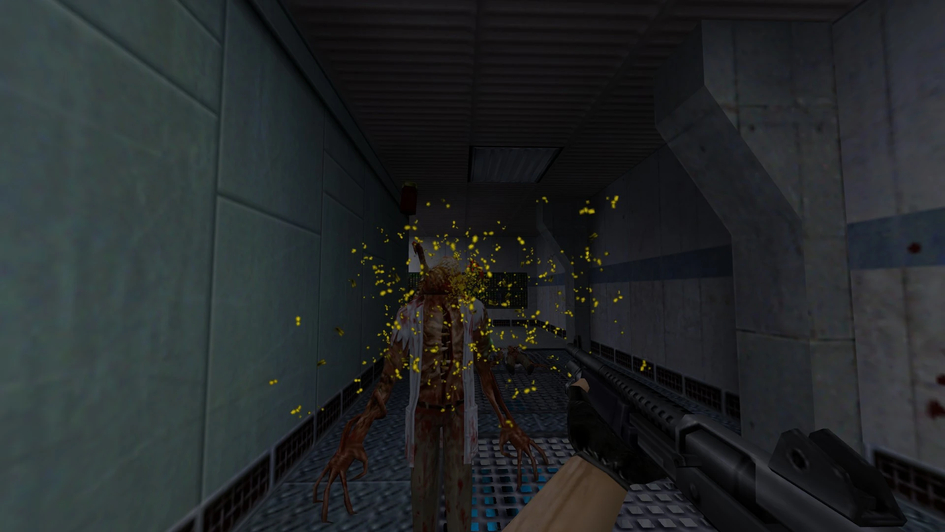 Gracz strzela do groteskowego mutanta w metalowym korytarzu w modzie Counter-Life do Half-Life