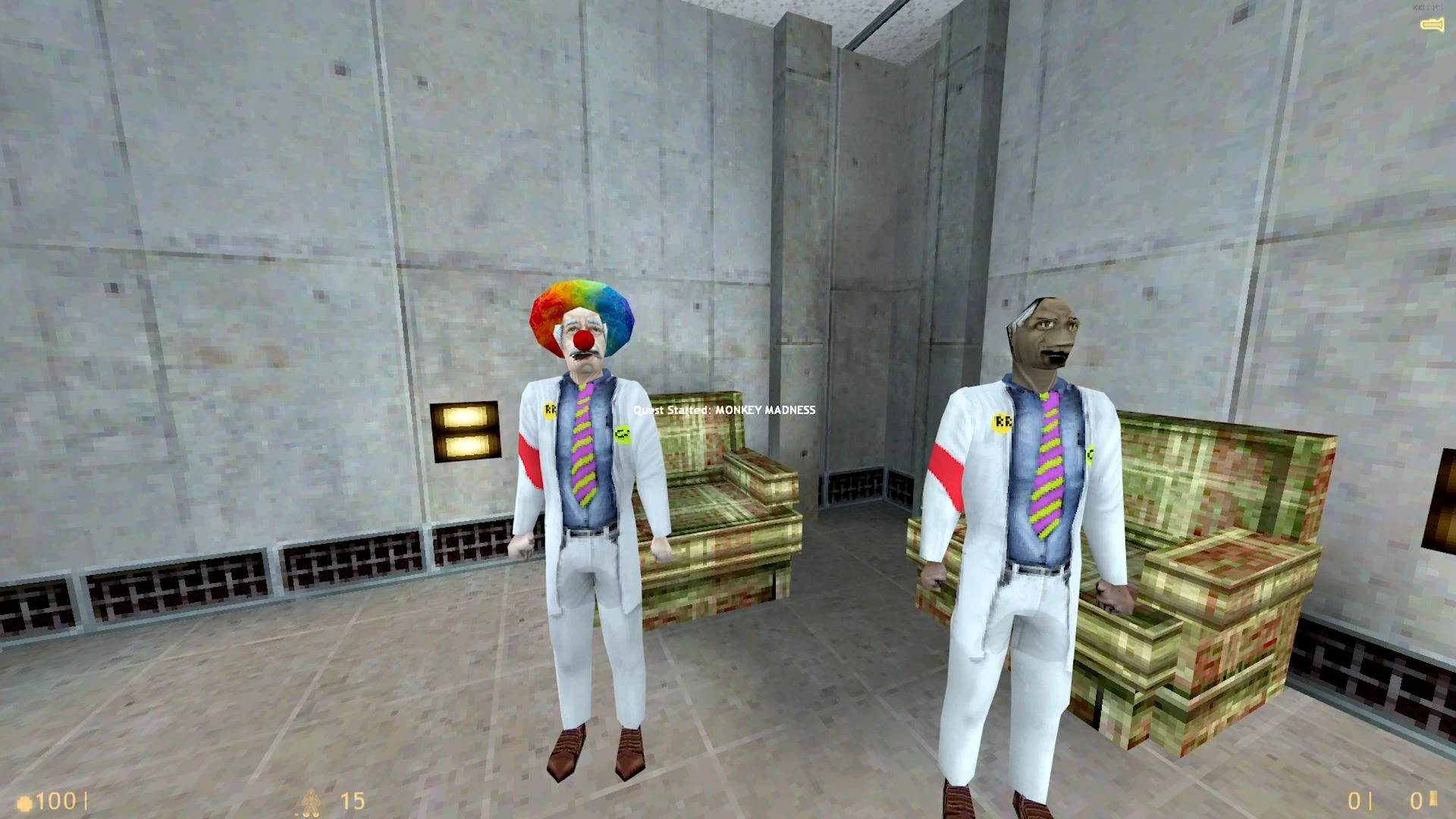 Zwei verzerrte NPCs in weißen Laborkitteln und bunten Krawatten in einem grauen Raum im Half-Life Crack-Life Mod