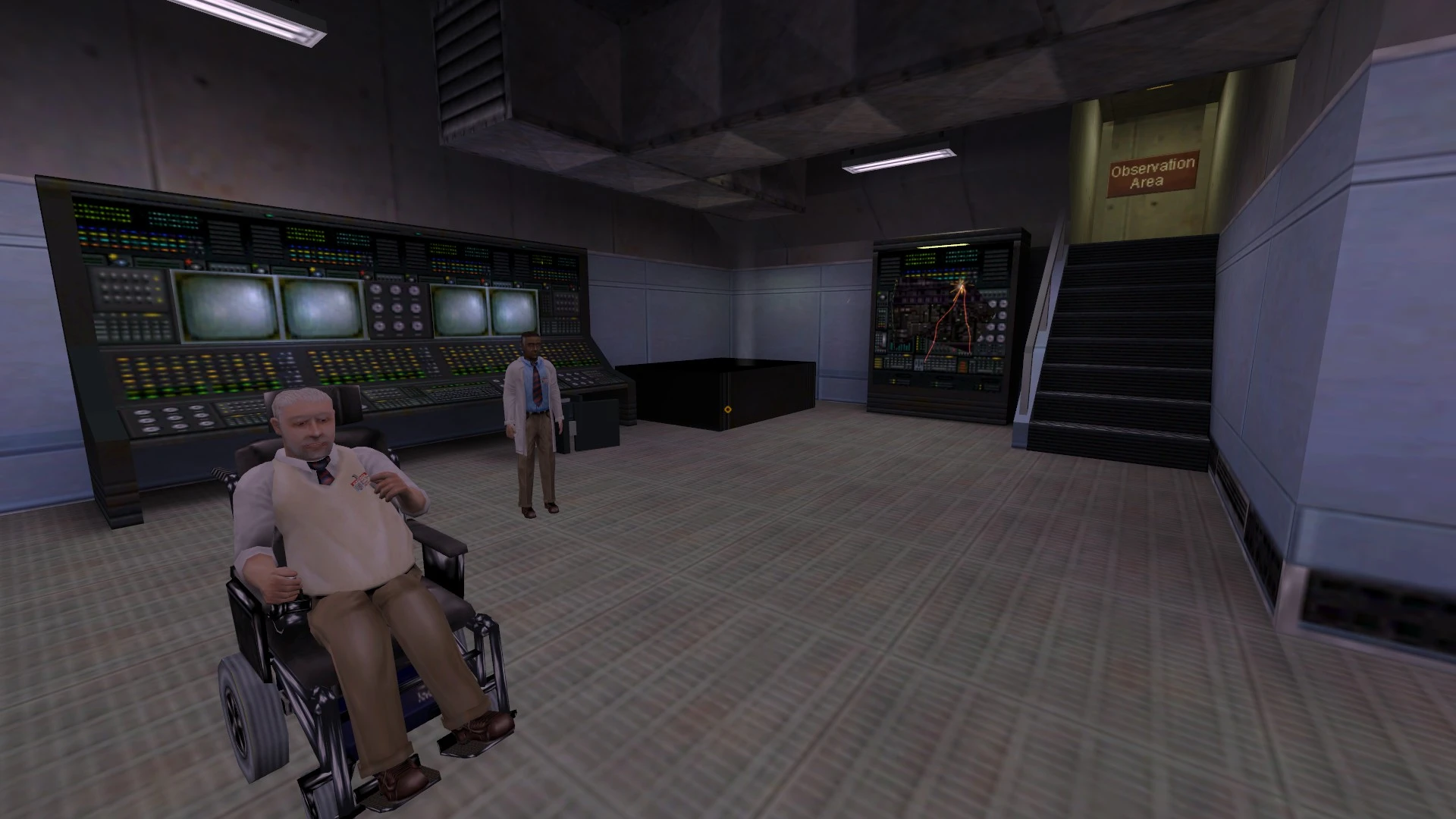 Dwóch naukowców w sali kontrolnej z monitorami i konsolami w modzie Half-Life 1998 Decay Singularity