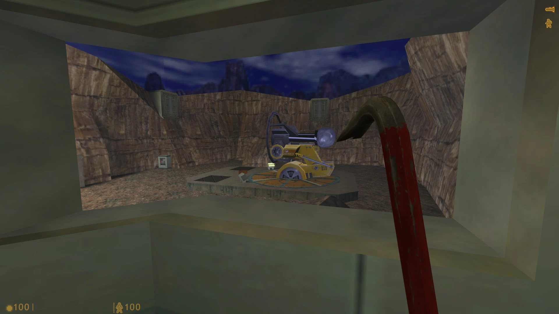 Widok z pierwszej osoby na łom przed żółtym urządzeniem mechanicznym w skalnym obszarze nocą w modzie Decay Singularity do Half-Life