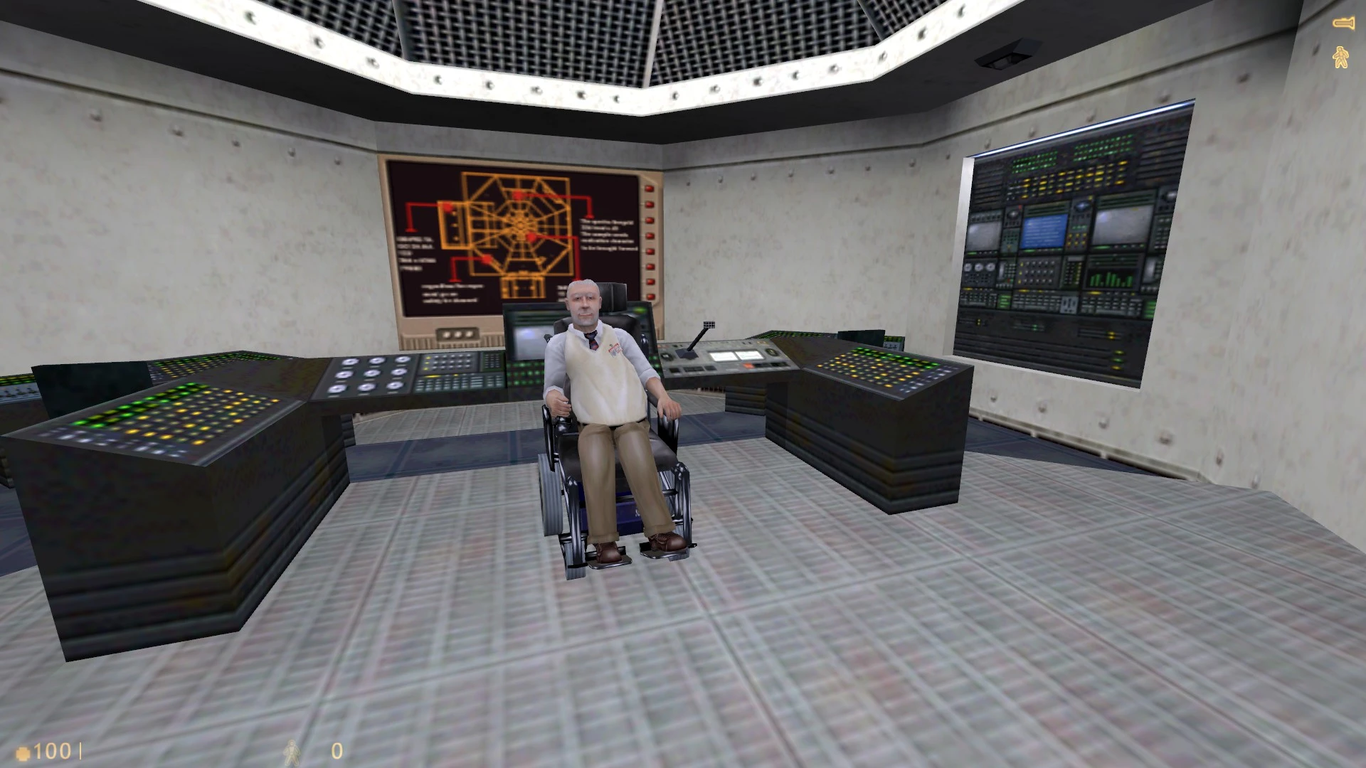 Starszy naukowiec siedzący na wózku inwalidzkim we futurystycznym pomieszczeniu kontrolnym z panelami i monitorami w modzie Decay Singularity do Half-Life