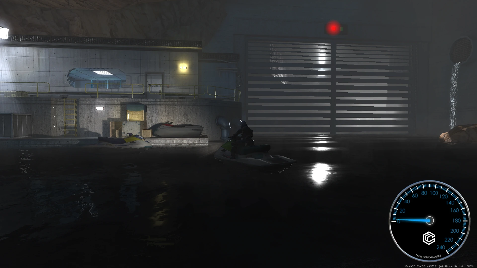 Player riding a jet ski inside a dark flooded underground concrete facility near a large metal gate with red light