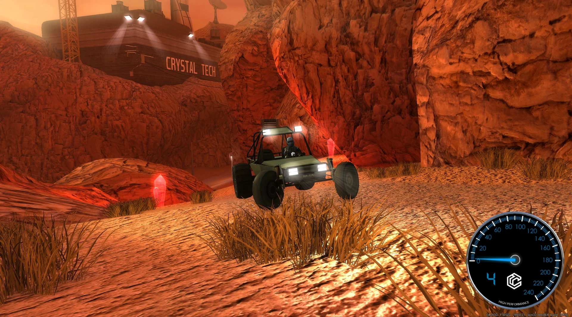 Buggy vehicle with headlights driving on rocky terrain near canyon walls and illuminated crystals in Half-Life mod