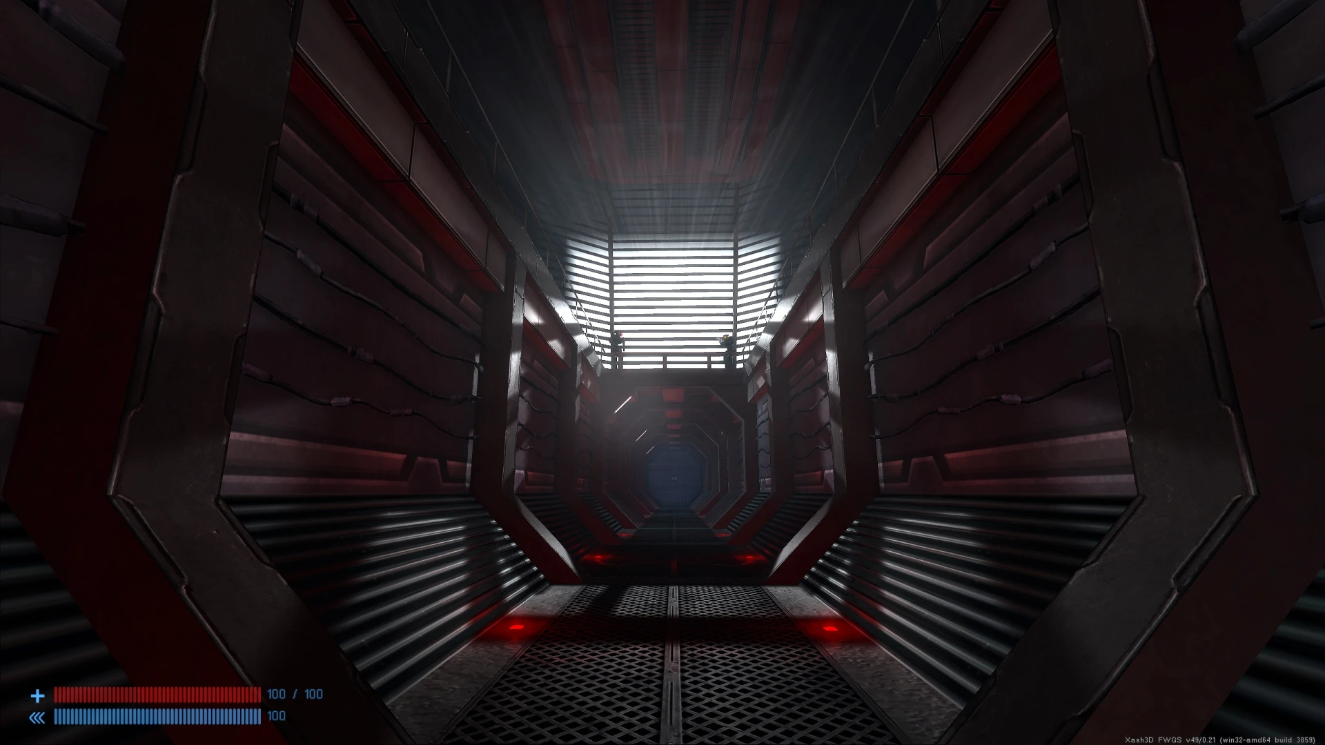 Long metallic corridor with glowing lights and grated floor in Half-Life Diffusion mod