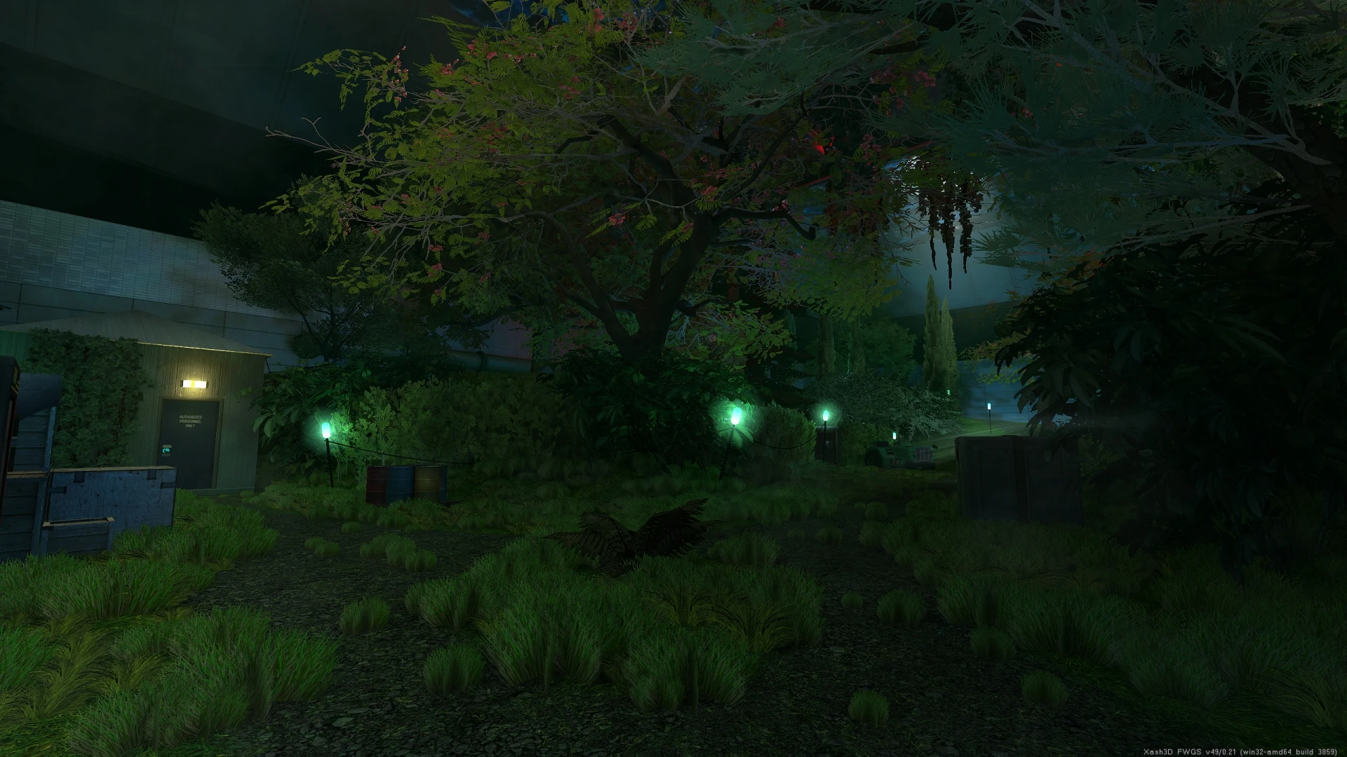 Lush garden scene with green lights, trees, bushes, and industrial barrels near a metal door