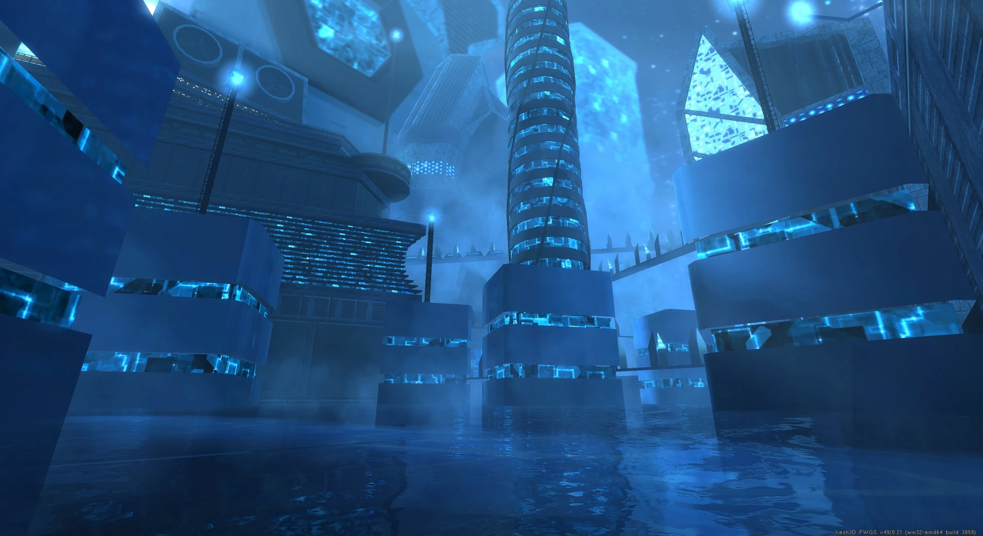 A mysterious futuristic city scene glowing with blue lights and reflections in water from Half-Life 1998 Diffusion mod