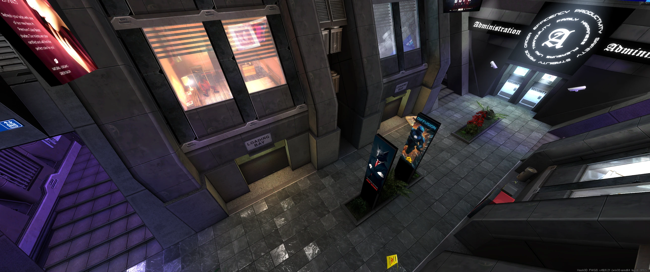 Modern high-tech corporate lobby with neon lighting and posters in Half-Life Diffusion mod