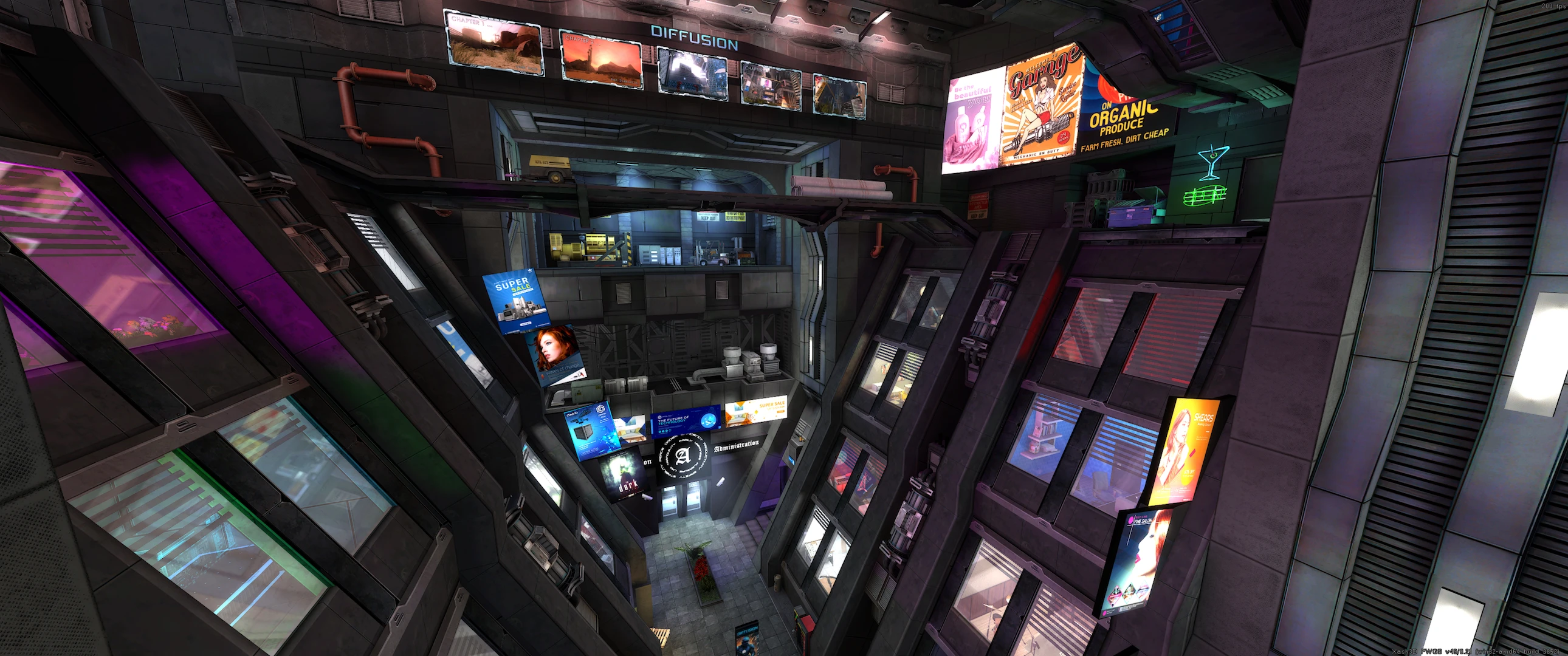 View of a multi-level futuristic building interior with neon signs and various posters from Half-Life Diffusion mod