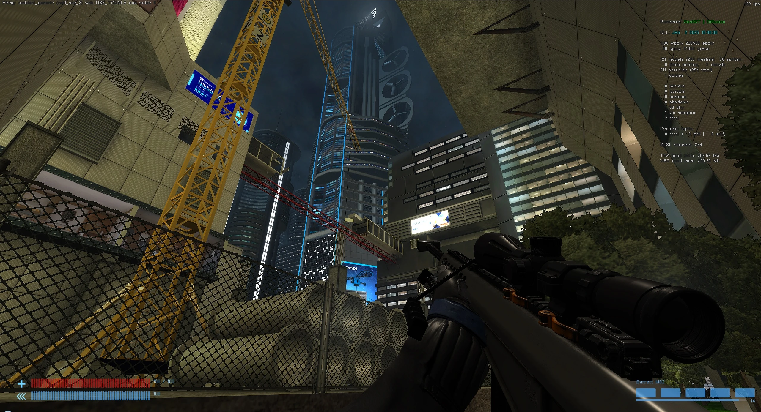 Player aiming with a sniper rifle at skyscrapers and construction cranes in a futuristic Half-Life Diffusion mod map
