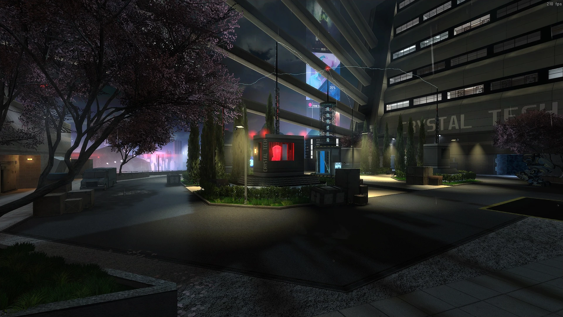 Futuristic urban environment at night showing guarded checkpoints and illuminated skyscrapers in Half-Life Diffusion mod