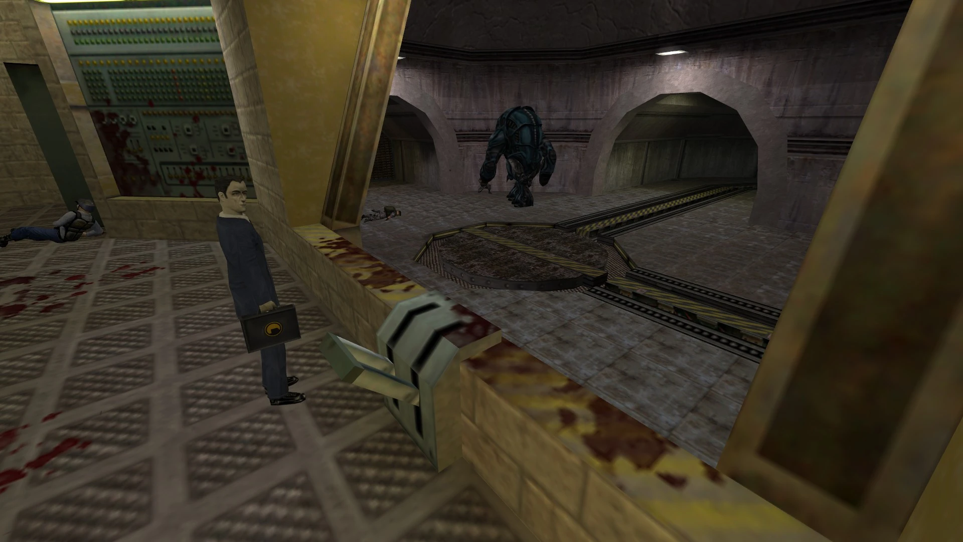 Сцена из игры Half-Life 1998 с улучшенными текстурами: персонажи и глава-краб в промышленной зоне