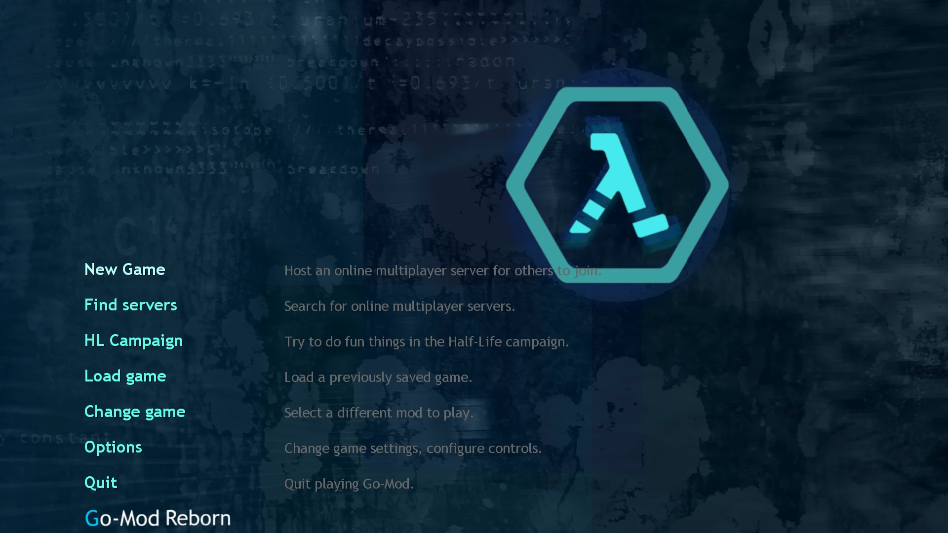 Half-Life mod Go-Mod Reborn main menu with game start, server search, campaign, load, change game, options, and quit