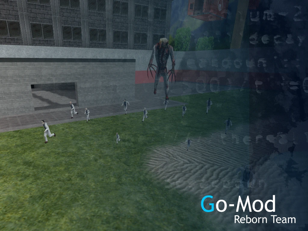 Half-Life Go-Mod Reborn screenshot showing a large alien monster chasing multiple scientists outside a building on grass