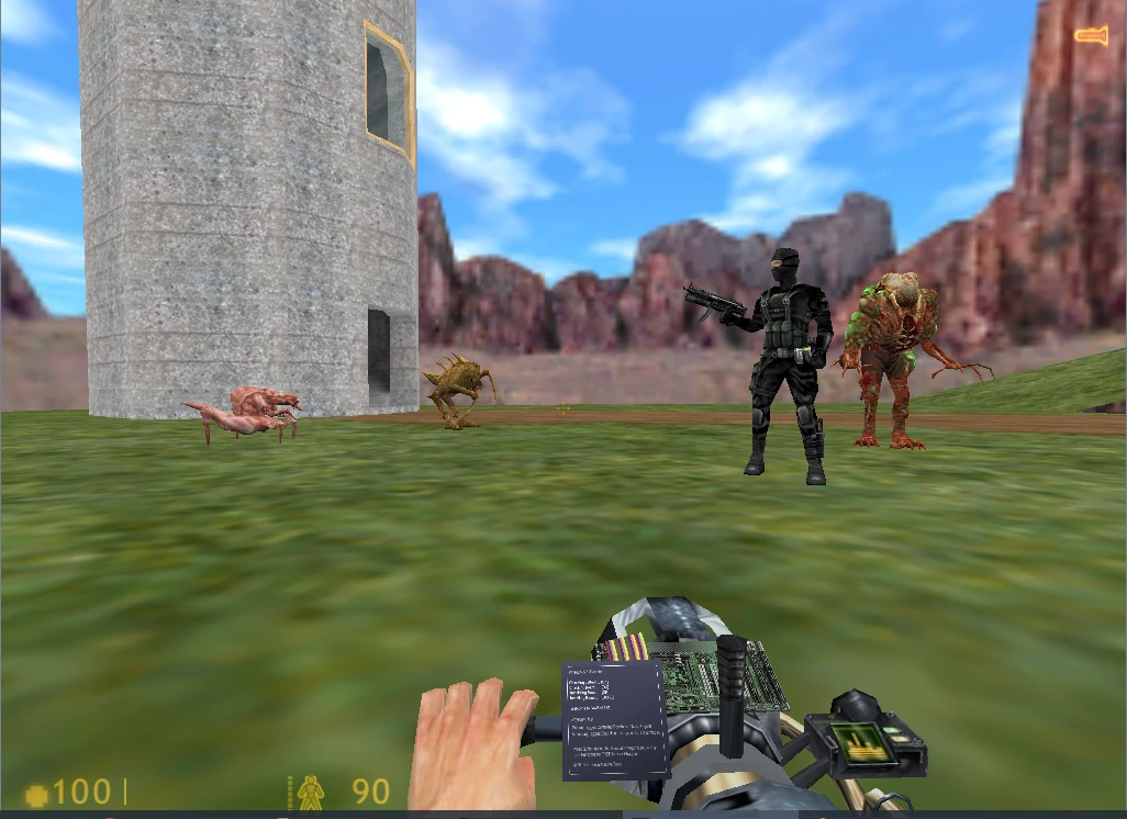 In Half-Life mod Go-Mod: Reborn, player holds a weapon in first person facing masked soldier and alien monsters near a tower