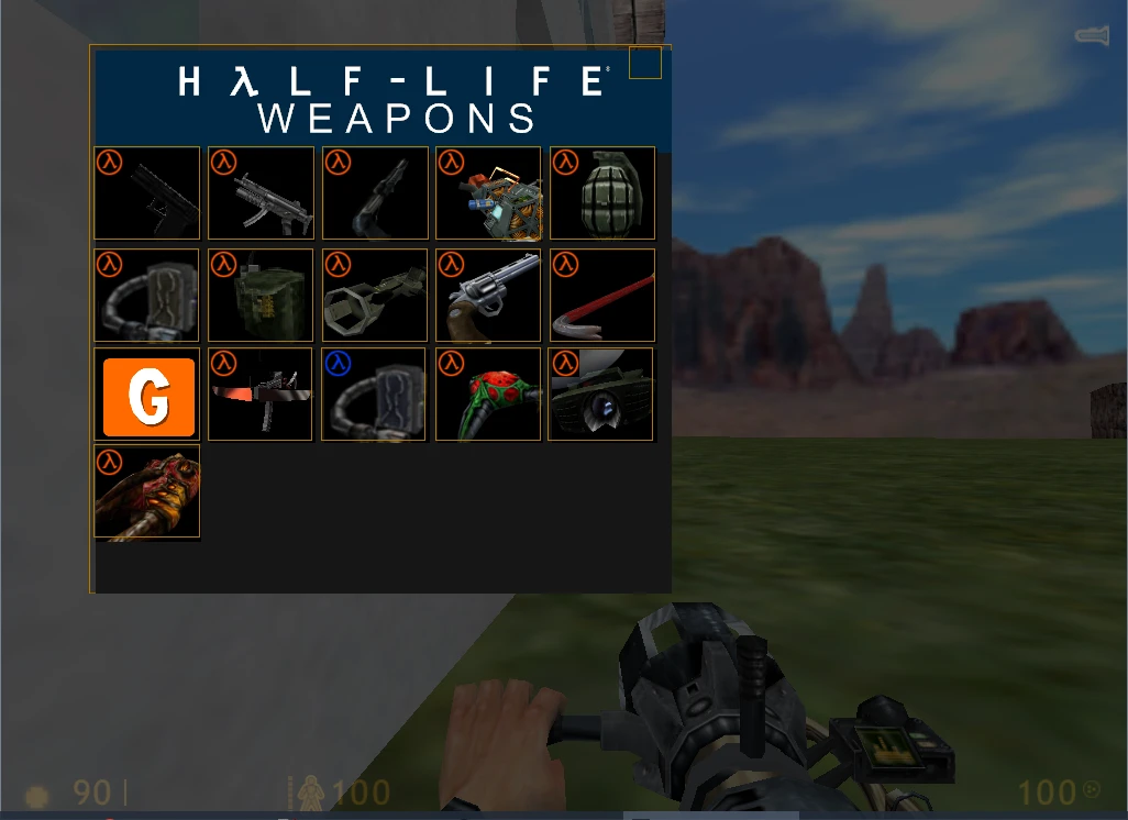 In-game weapon selection screen showing various Half-Life 1998 weapons and Go-Mod Reborn icon