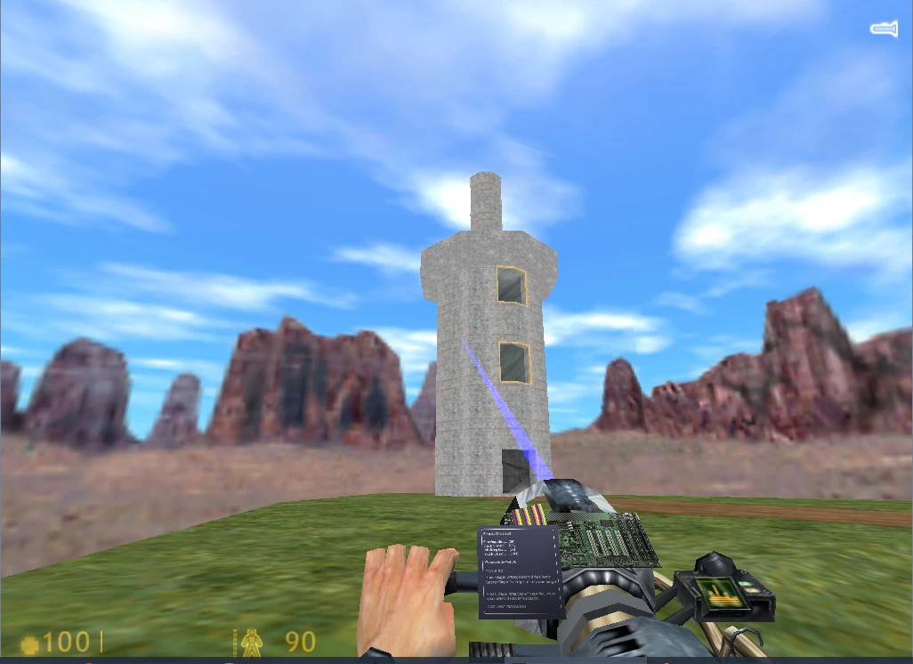 Player using futuristic weapon with laser aiming at a stone tower in a mountainous landscape in Half-Life mod Go-Mod Reborn