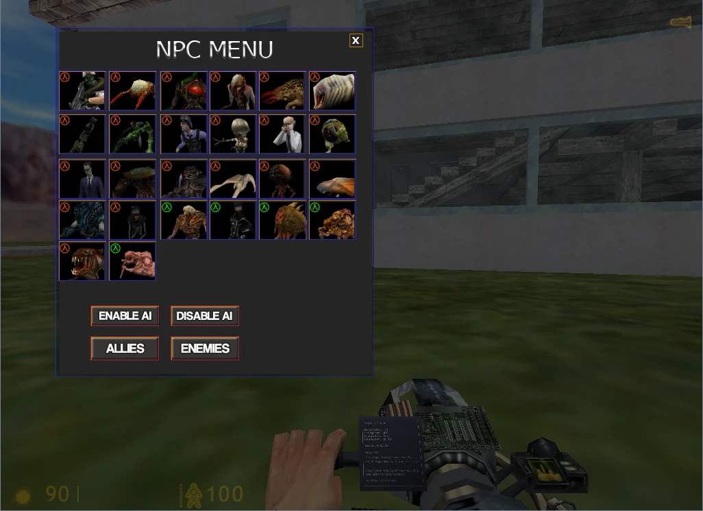 In-game screen of Half-Life showing NPC selection menu with allies and enemies options using Go-Mod Reborn