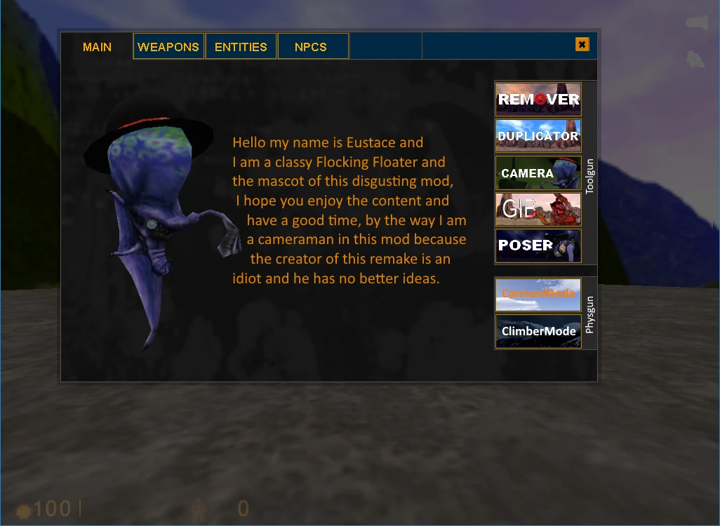 In-game menu showing character Eustace, a Flocking Floater mascot in Half-Life mod Go-Mod Reborn