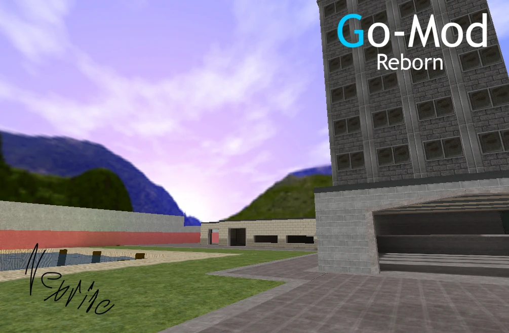 Screenshot of outdoor area in Half-Life mod Go-Mod Reborn showing grass, buildings, mountains, and cloudy sky