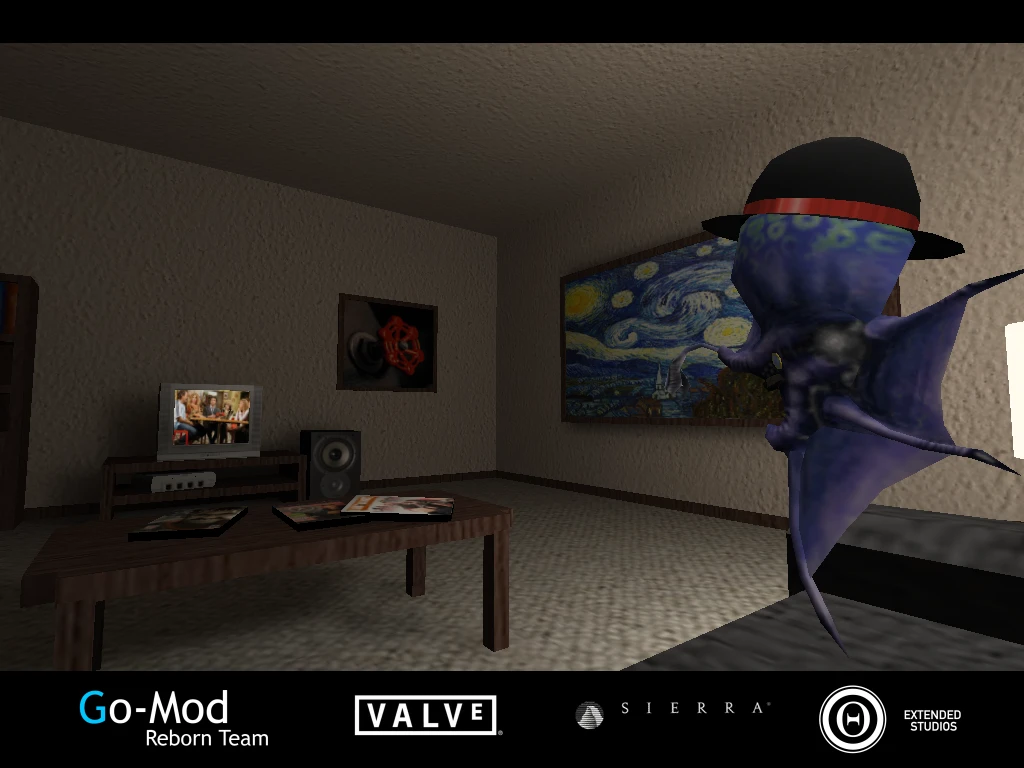 An alien with a hat stands inside a room with paintings and a television in Half-Life Go-Mod Reborn