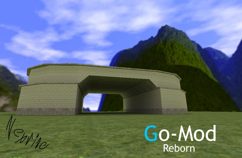 Screenshot of a stone bridge with grassy mountains and blue sky in the background from Go-Mod Reborn for Half-Life