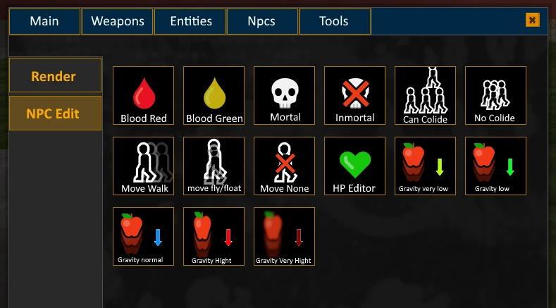 User interface of Half-Life mod Go-Mod Reborn showing NPC Edit tab with icons for blood color, movement, collision, HP editor, and gravity settings