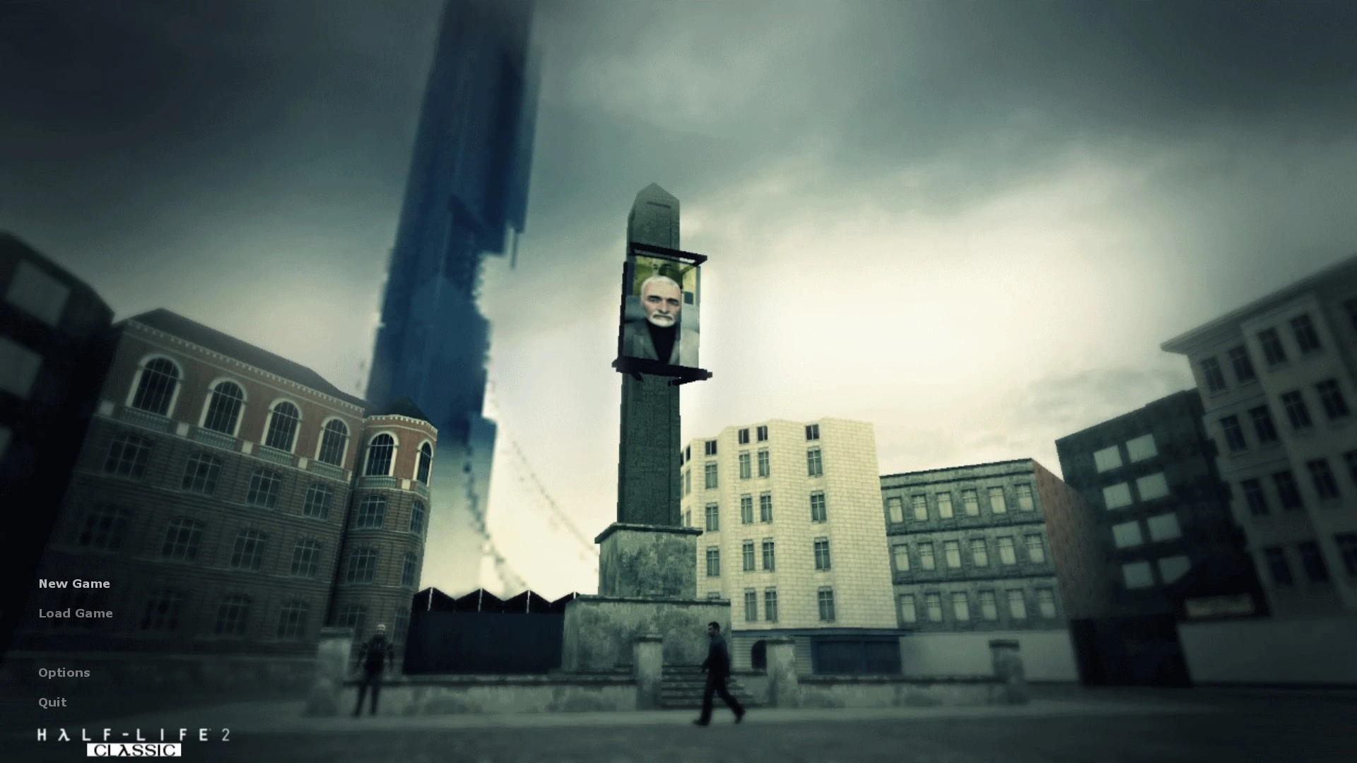 Меню игры мода Half-Life 2 Classic с изображением мрачной городской среды, высокой колонной и билбордом с портретом