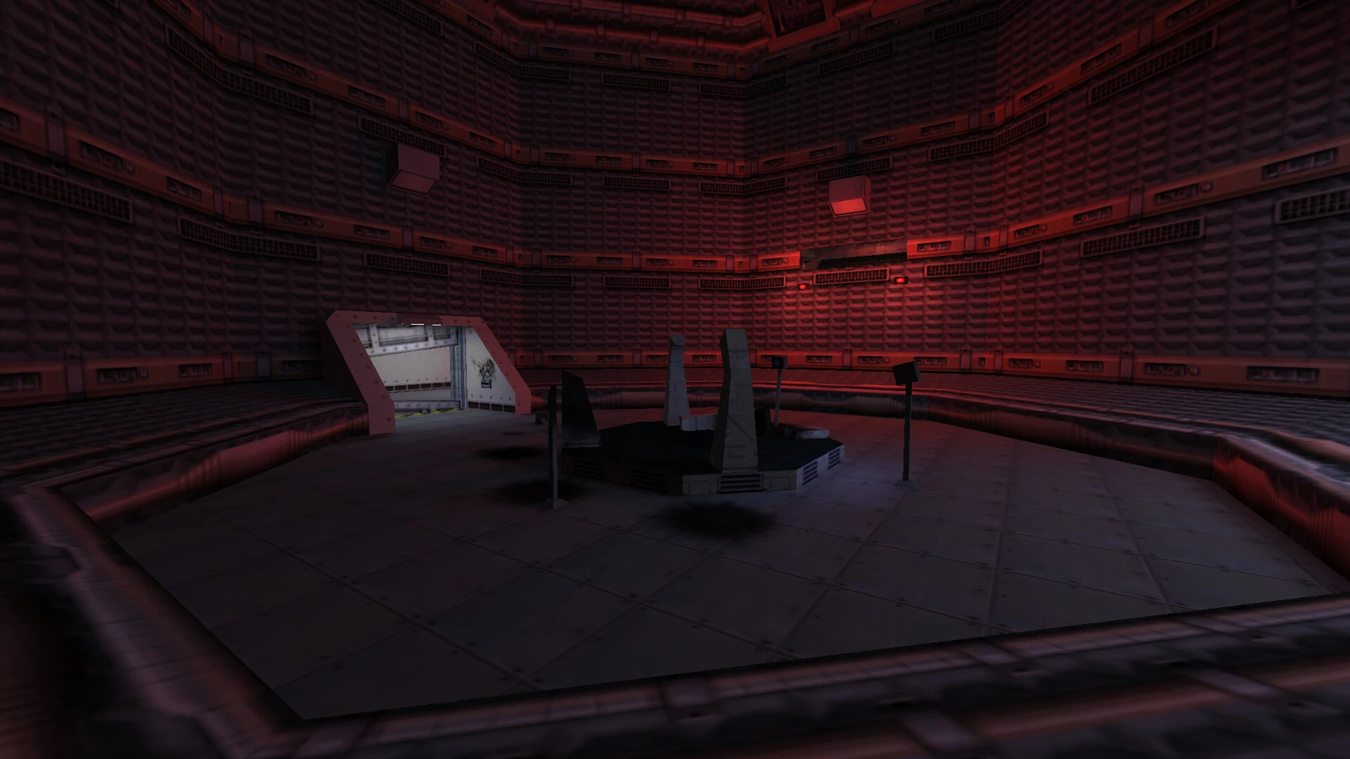 Schwach beleuchteter Industrie-Raum mit zentraler Plattform und roter Beleuchtung im Half Life Absolute Zero Mod