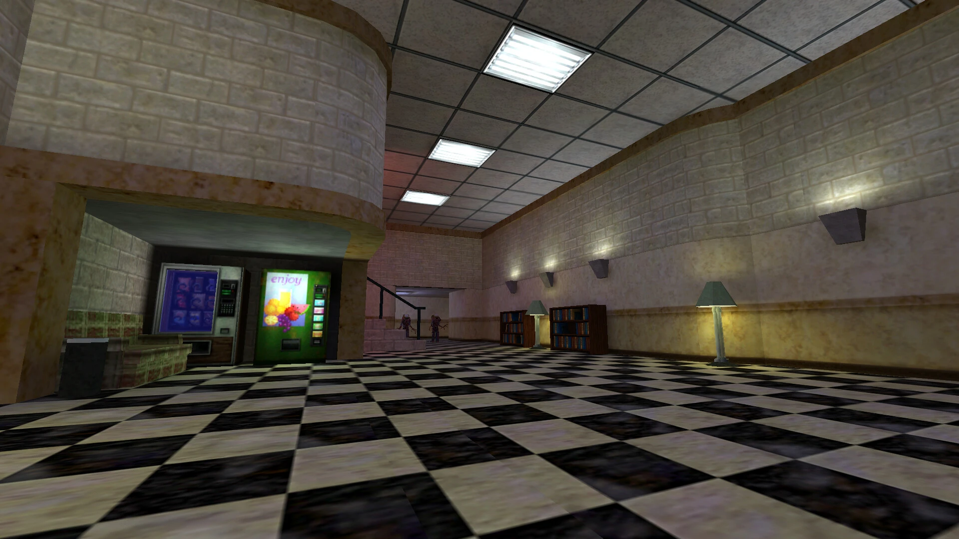 Eine Lobby mit schwarz-weiß kariertem Boden, Verkaufsautomaten, Bücherregalen, Lampen und zwei Figuren in der Ferne im Half Life Absolute Zero Mod