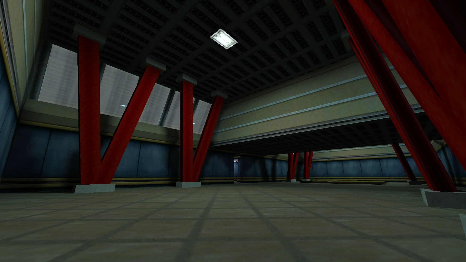Screenshot eines großen leeren Industriegebäudes mit roten V-förmigen Stützstreben und gefliestem Boden im Half Life Absolute Zero Mod
