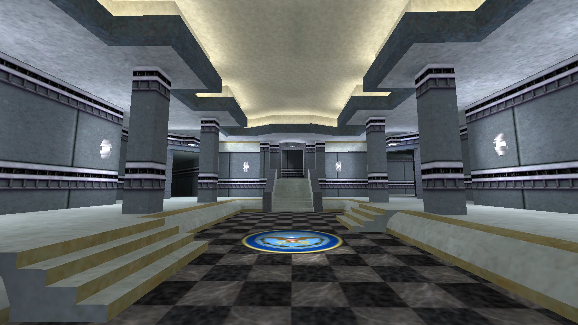 Schachbrettboden und Säulen in einer großen grauen Halle mit Deckenleuchten im Half Life Absolute Zero Mod