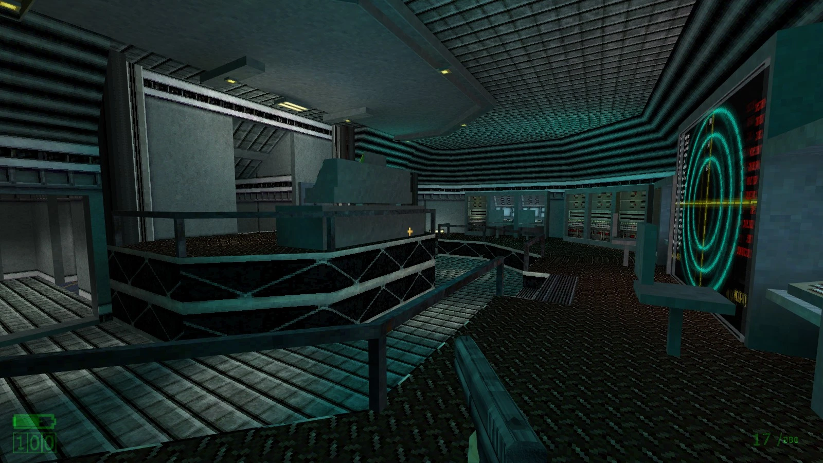 Кімната управління з моду Half-Life Alpha на рушії GOLDSrc з великим радаром та панелями управління.