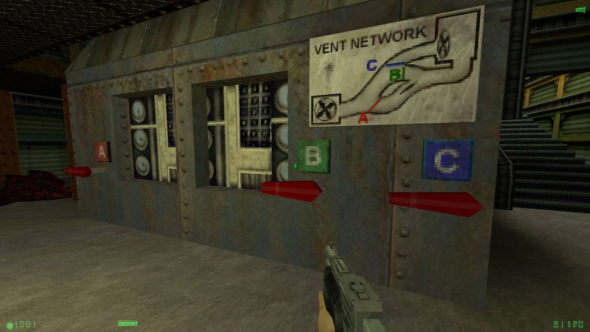 Сцена з мода Half-Life Alpha в GOLDSrc з головоломкою вентиляційної мережі, позначеної секціями A, B і C. На передньому плані гравець тримає зброю.
