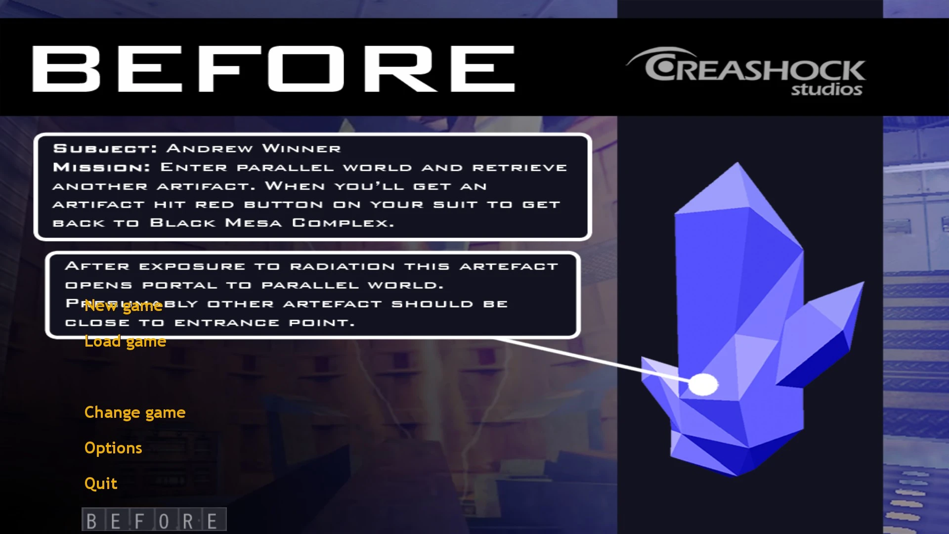 Экран меню мода Half-Life Before с подробностями миссии и изображением синего артефакта