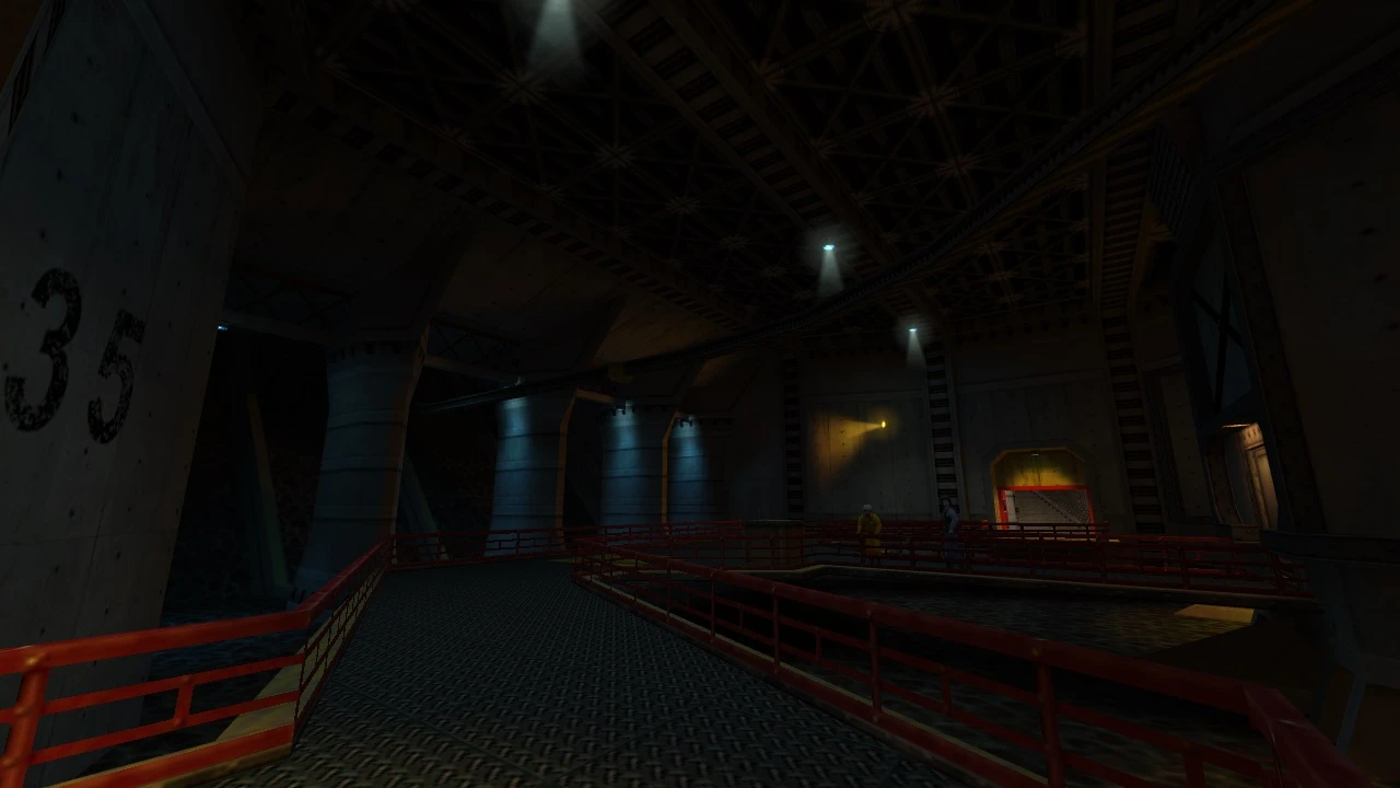 Ciemny przemysłowy korytarz z czerwonymi poręczami i dwoma postaciami w scenie moda Half-Life Chain Reaction
