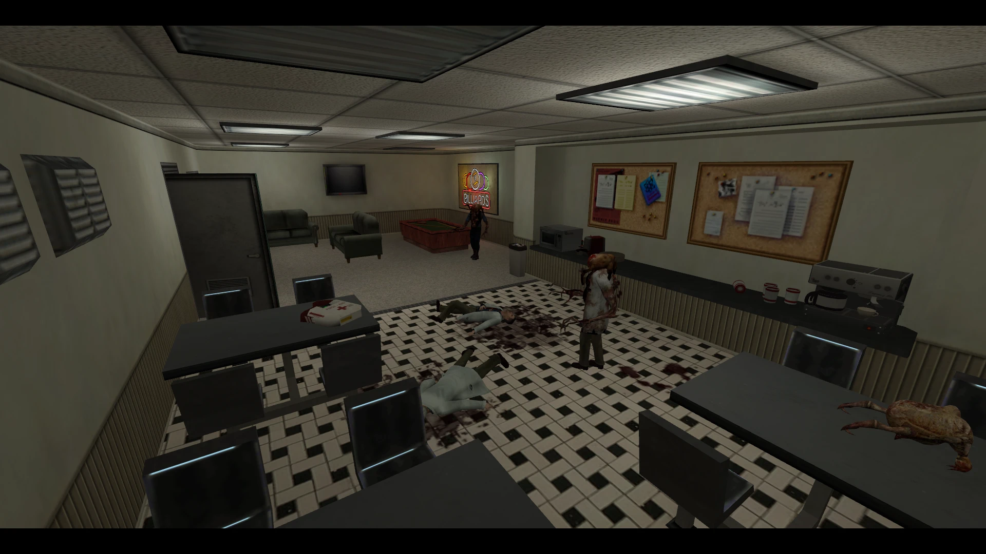 Captura del mod Half-Life Crossfire mostrando una habitación con científicos muertos, manchas de sangre y zombis headcrab en un laboratorio