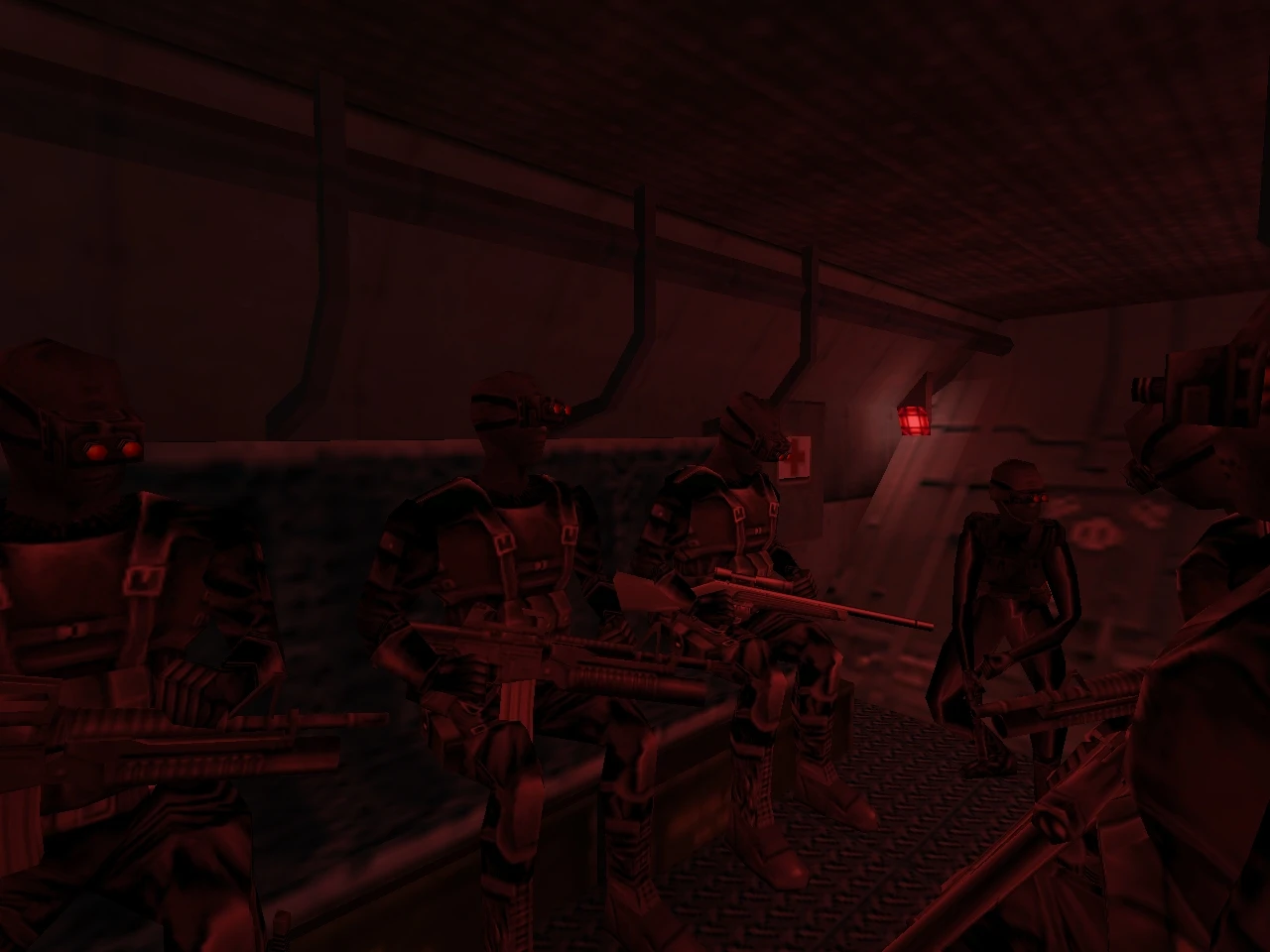 Group of dark-clad soldiers holding rifles sitting inside a dimly lit transport vehicle in Half-Life mod Dark Matter