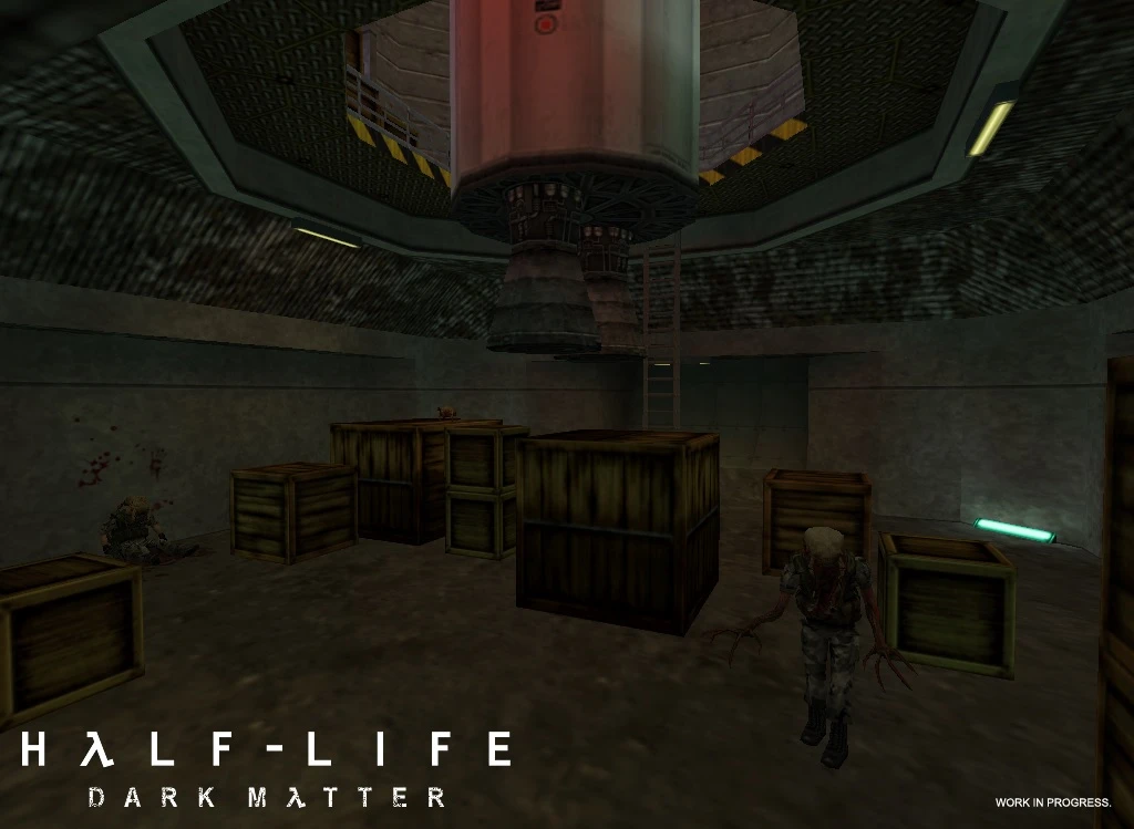Dark room scene from Half-Life Dark Matter mod featuring crates and two zombie-like creatures