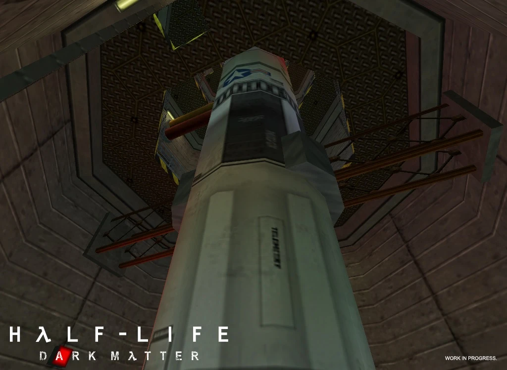 View looking up at a large rocket or missile in an industrial launch shaft from Half-Life: Dark Matter mod