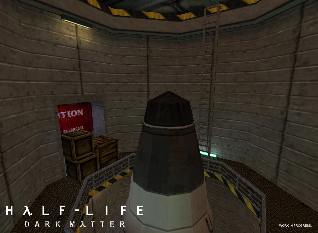 Industrial area with missile and ladder surrounded by metal railing in Half-Life Dark Matter