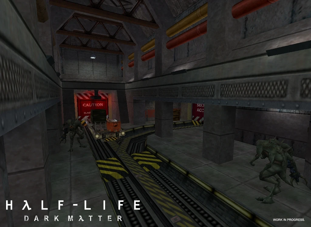 Half-Life Dark Matter mod screenshot showing an industrial interior with hostile alien creatures and train tracks