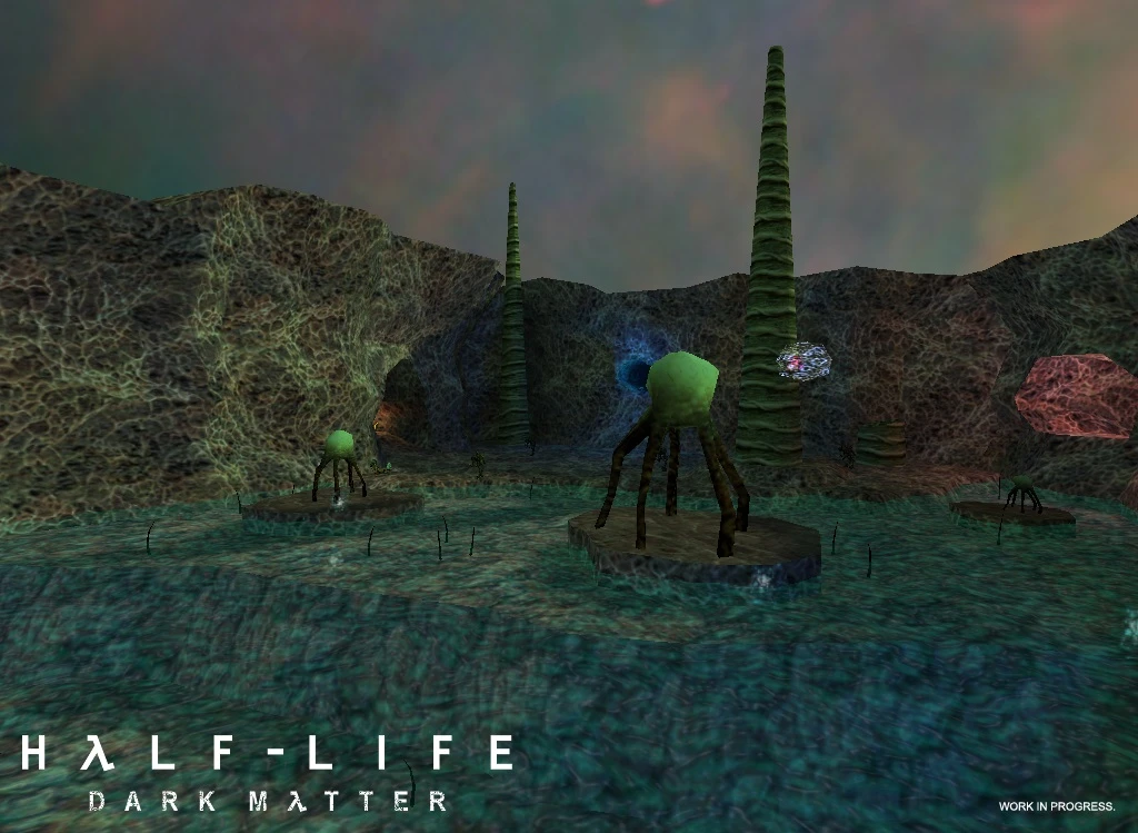 In-game screenshot of an alien cave with tall rock formations and glowing creatures in Half-Life Dark Matter mod