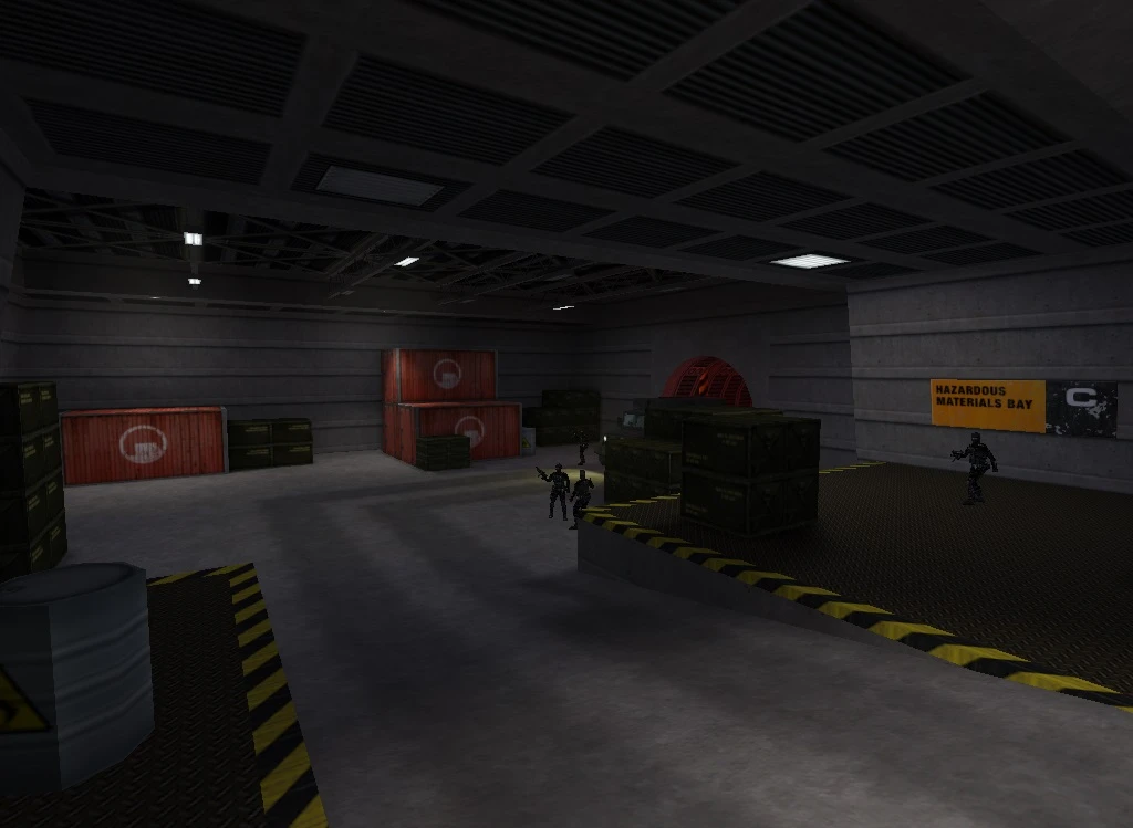 Indoor warehouse environment with crates and armed soldiers near Hazardous Materials Bay sign