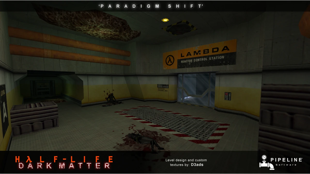 In-game screenshot of Half-Life Dark Matter mod showing the Lambda Reactor Control Station with blood stains and a dead enemy