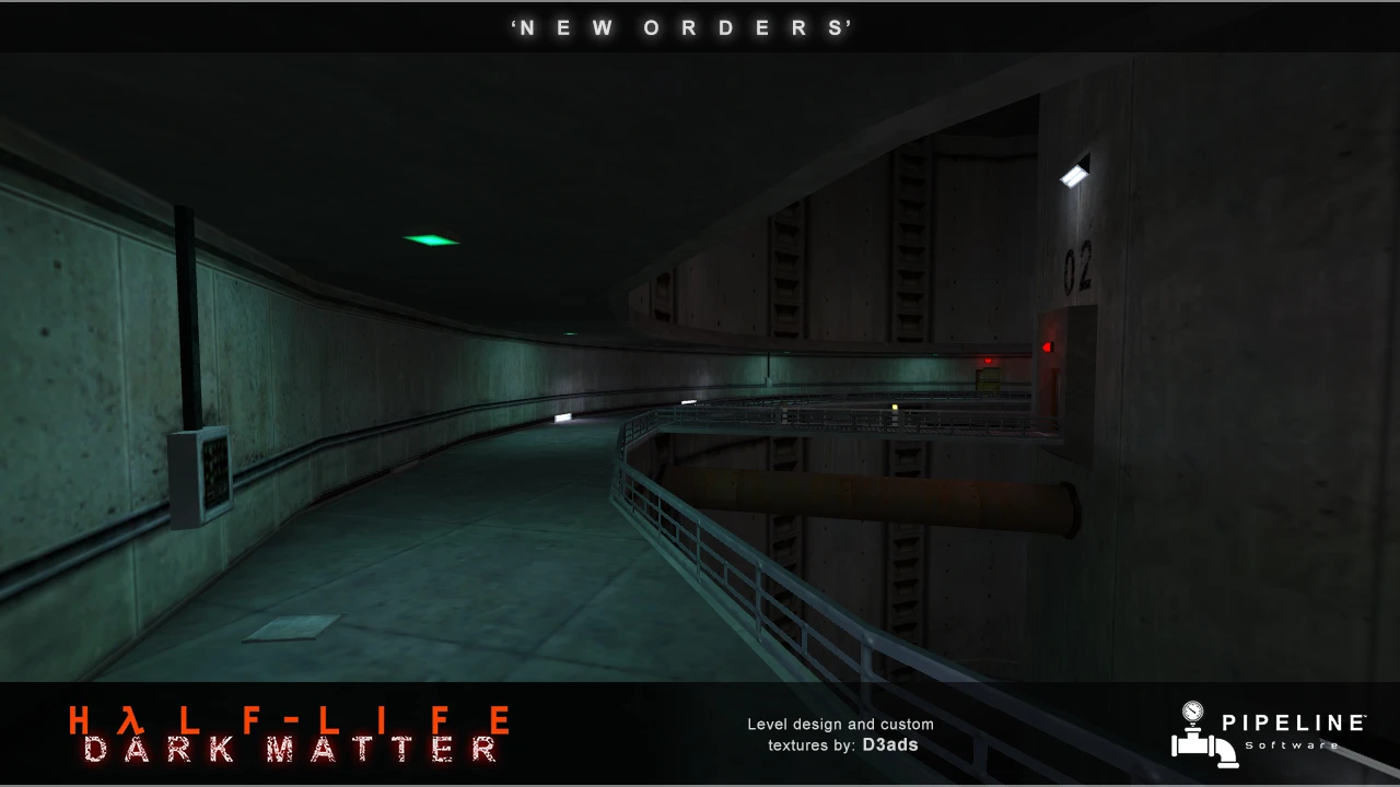 Dimly lit curved corridor and railings inside an underground facility featured in Half-Life Dark Matter mod