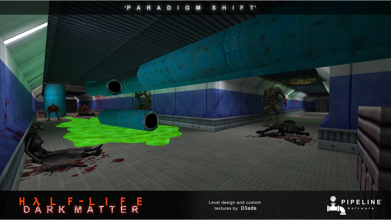 In-game screenshot showing a sci-fi corridor with green toxic liquid, blue pipes, and hostile alien monsters in Half-Life Dark Matter